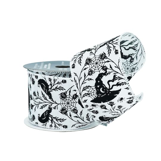 2.5" x 6.6yd. Black & White Witch Hat Wired Faux Linen Ribbon by Celebrate It®